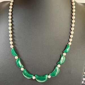 Cultured Round Salt Water Cultured pearls with malachite  necklace 16”